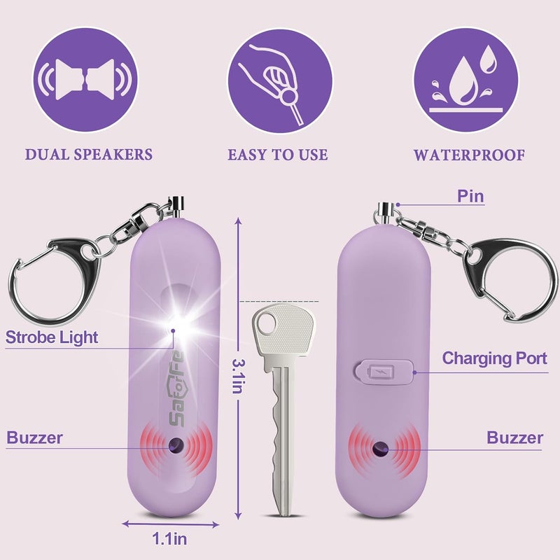 SaForFe Personal Safety Alarm - Waterproof Rechargeable Security Alarm - 140dB Extra Loud Siren & Strobe Light - Self Defense Keychain - Gift for Women, Teenagers, College Girls, Seniors(Wisteria) - Image 3